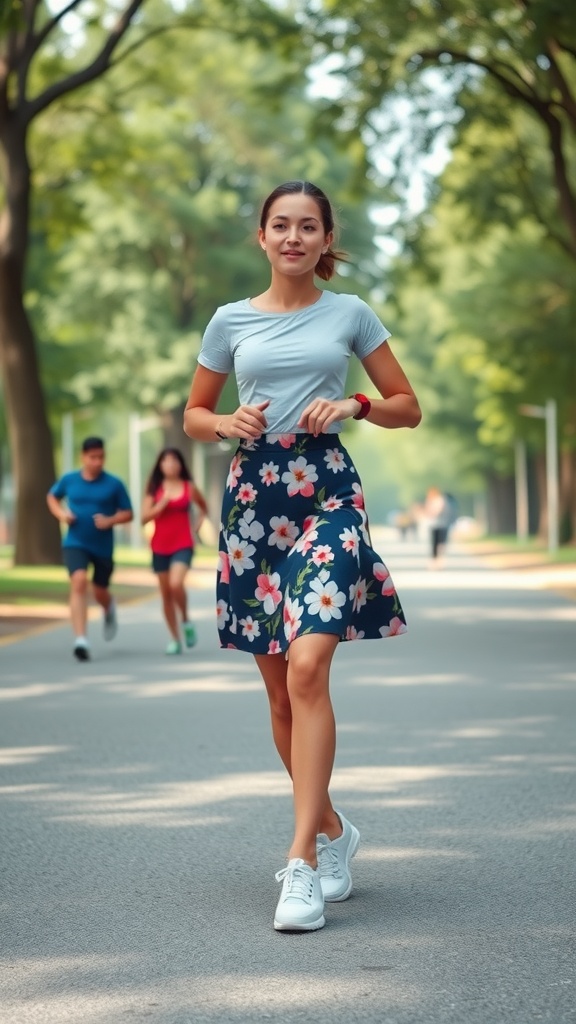 A woman wearing a floral skirt and a light blue t-shirt, walking in a park with people jogging in the background.