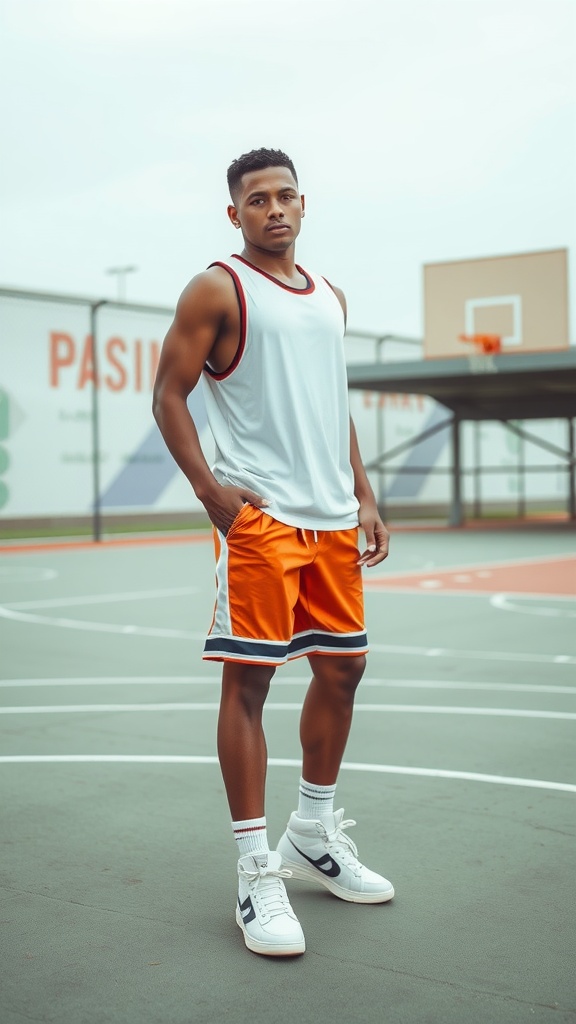 A young man stands confidently on a basketball court wearing a sleeveless shirt, vibrant orange shorts, and stylish white sneakers.
