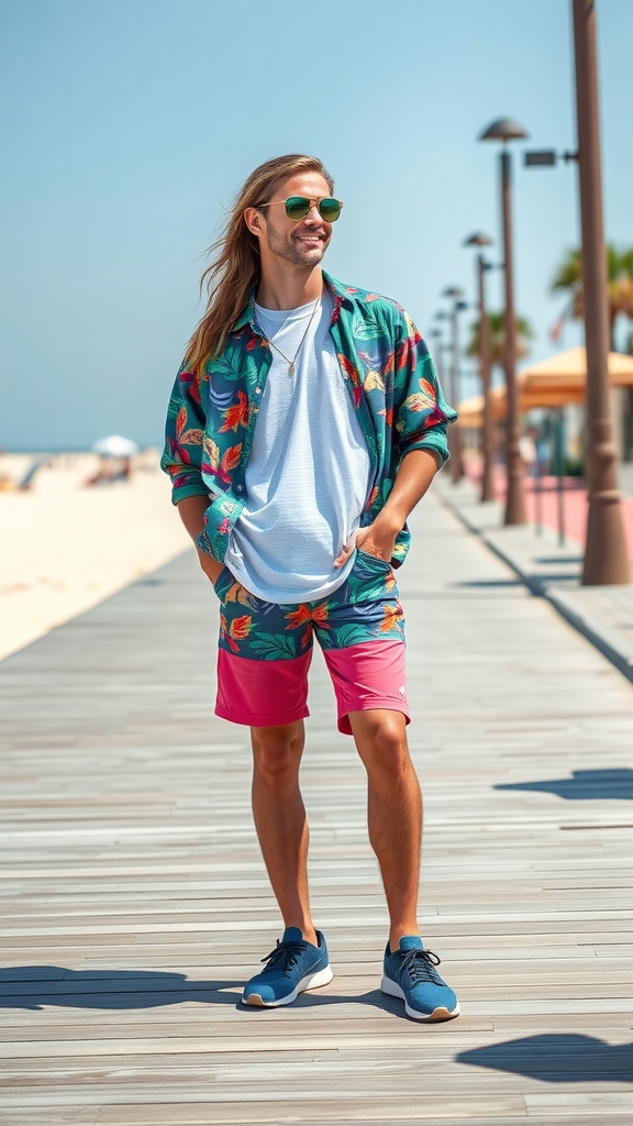 A young man wearing colorful athletic shorts and a tropical shirt, walking along a boardwalk by the beach.