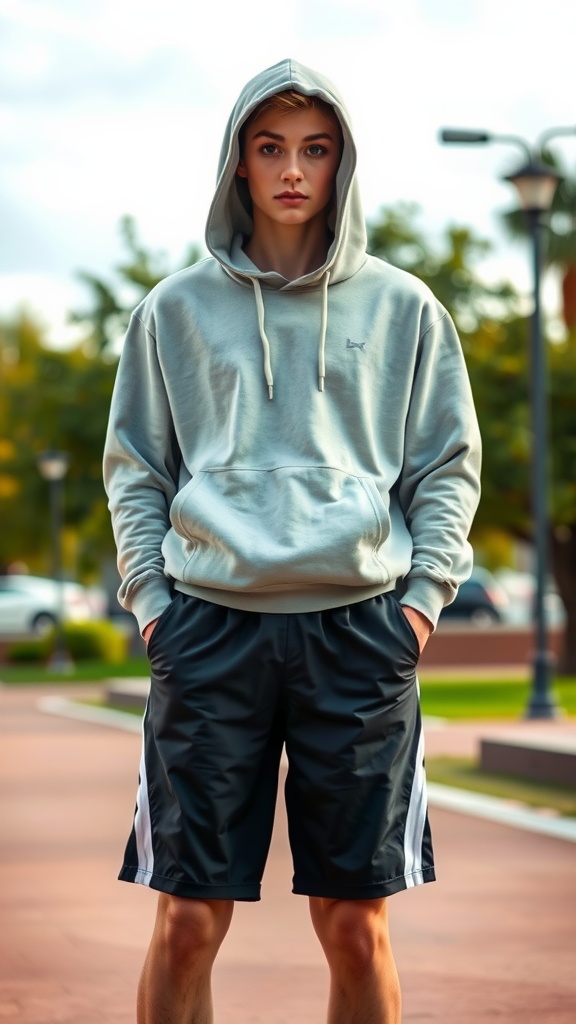 A young person wearing a lightweight hoodie and athletic shorts, standing in a schoolyard.