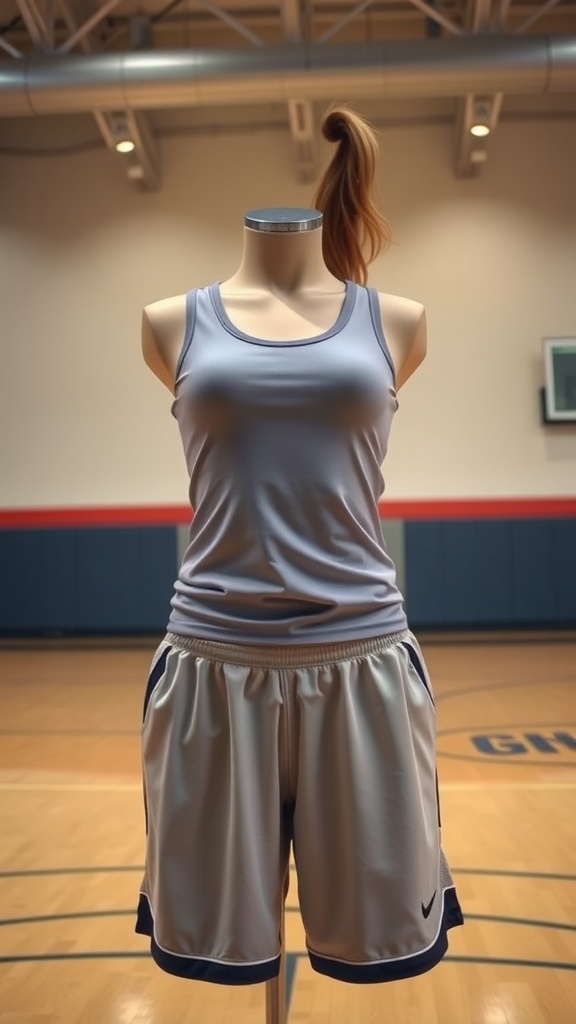 Athletic wear for school: gray tank top and matching shorts on a mannequin