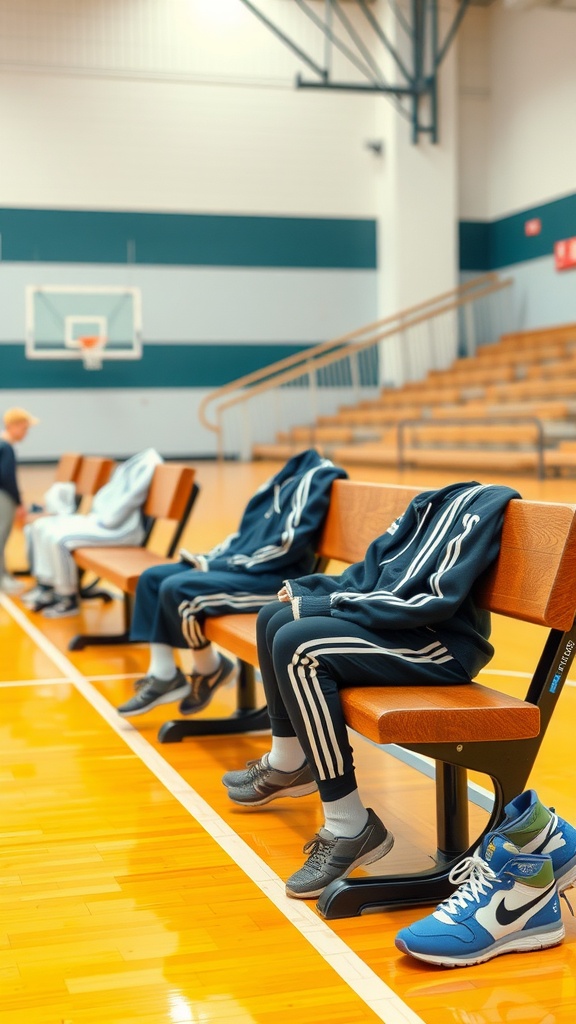 Students in athletic wear sitting on benches in a gymnasium, with shoes on the floor.