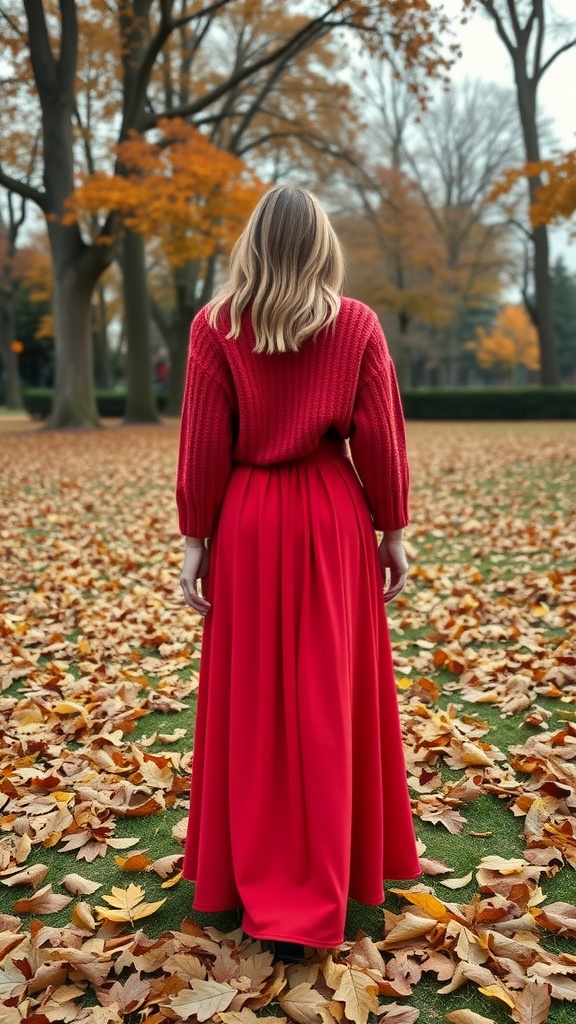 A woman wearing a red knitted sweater and a long red maxi skirt, standing in a park covered with autumn leaves.