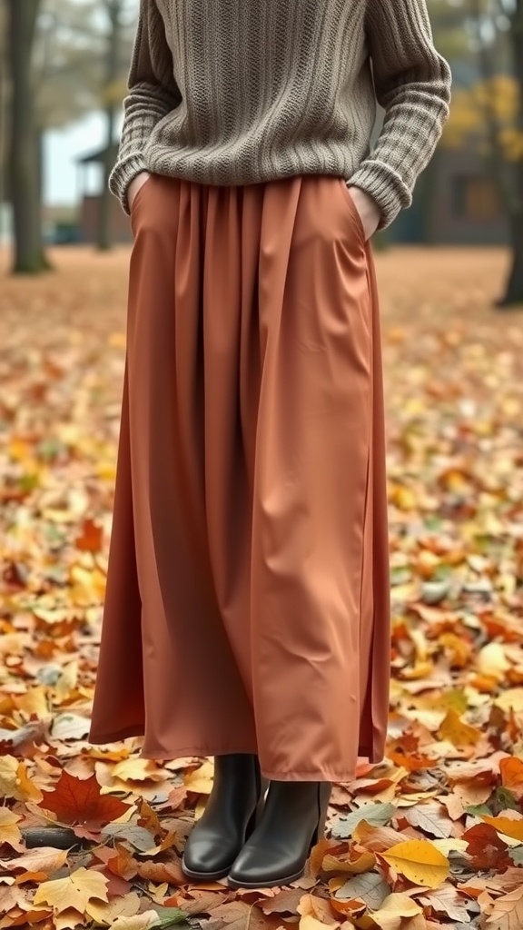 A person wearing a cozy knit sweater and a silk maxi skirt, standing on fallen leaves in autumn.