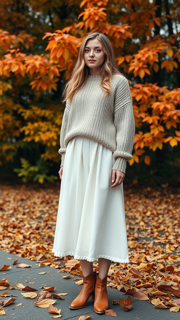 A woman in a cozy knit sweater and white midi skirt stands among fallen leaves in autumn.