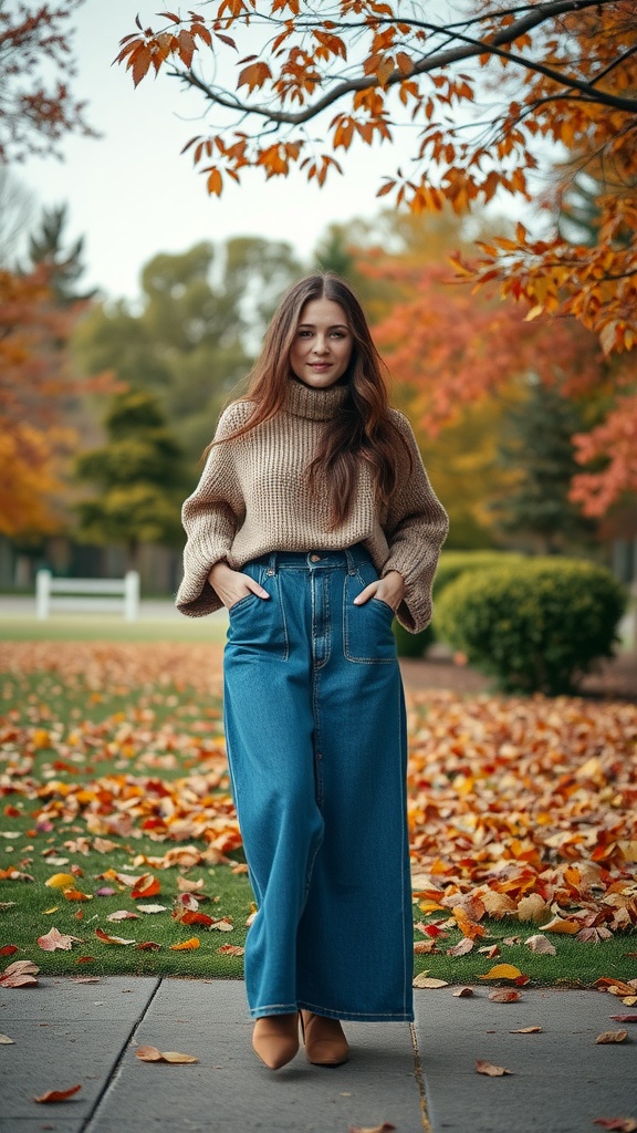A woman wearing a cozy sweater and a denim maxi skirt, standing in a park with autumn leaves around.