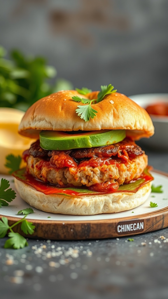 A delicious avocado and chipotle turkey burger served on a plate with fresh toppings.