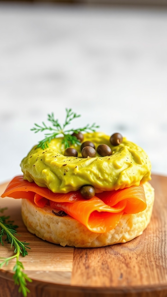 A delicious breakfast sandwich featuring avocado spread and smoked salmon on a toasted English muffin.