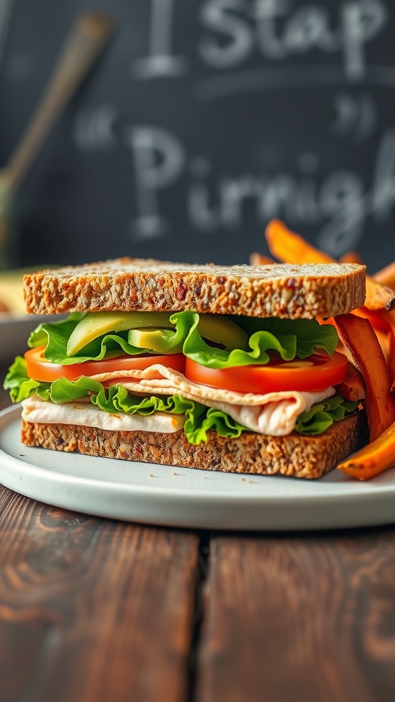 A healthy avocado and turkey club sandwich with lettuce, tomato, and cucumber.
