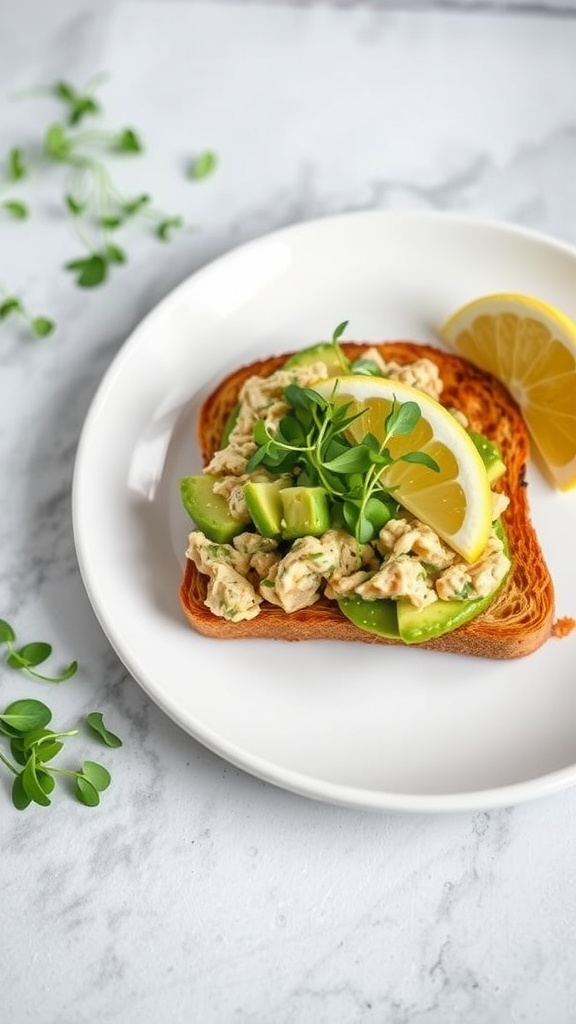 A delicious avocado tuna salad on toast garnished with lemon slices.