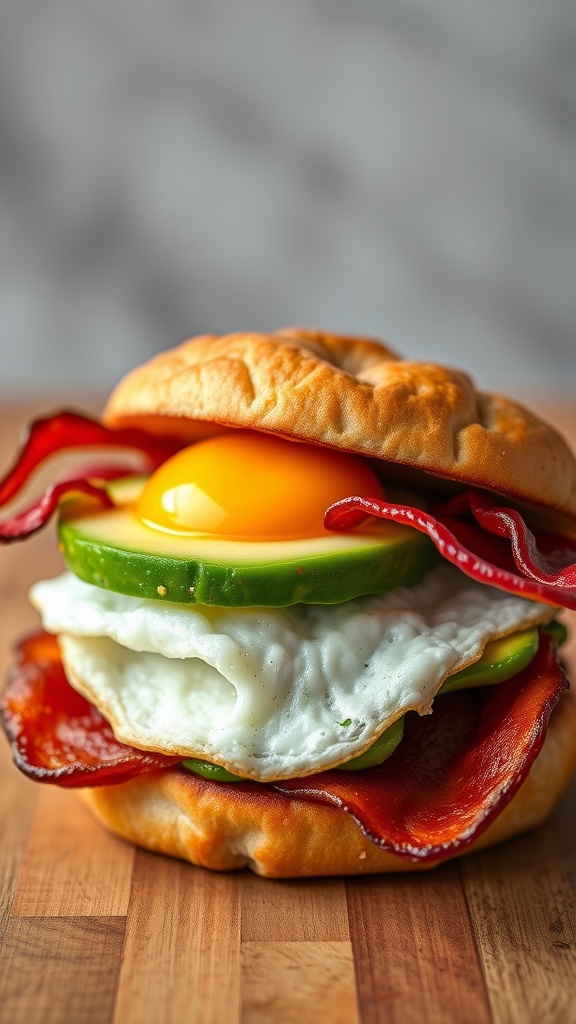 Bacon, Egg, and Avocado Stack sandwich with crispy bacon, a fried egg, and sliced avocado.