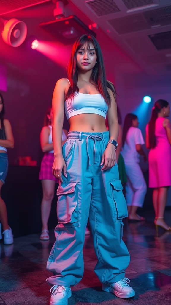 A person wearing baggy cargo pants and a crop top in a club setting