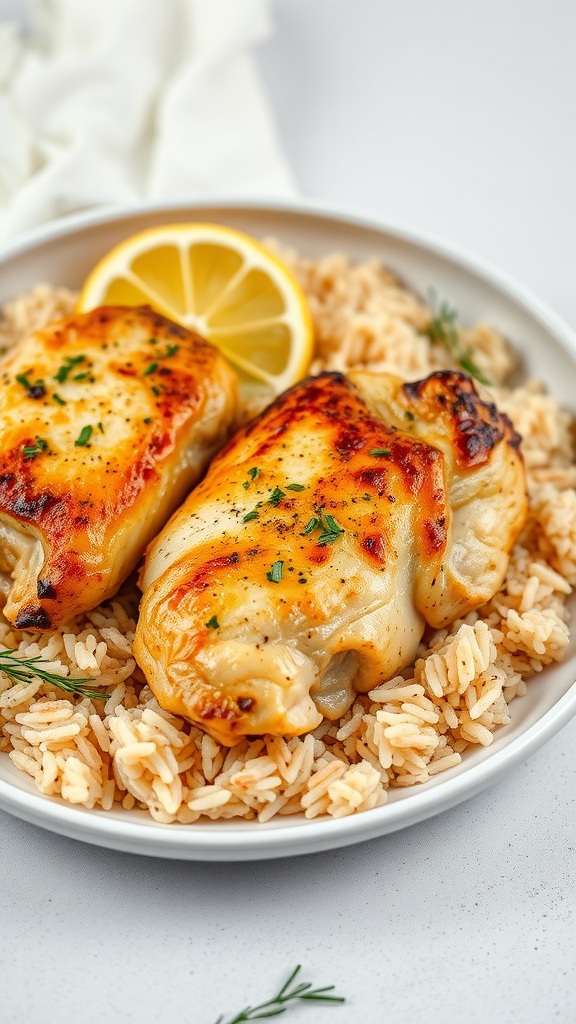 Baked chicken thighs served with lemon rice