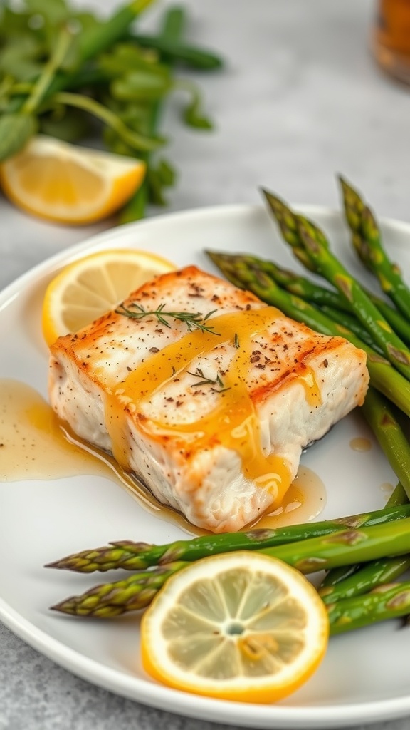 Baked honey mustard salmon with lemon and asparagus.
