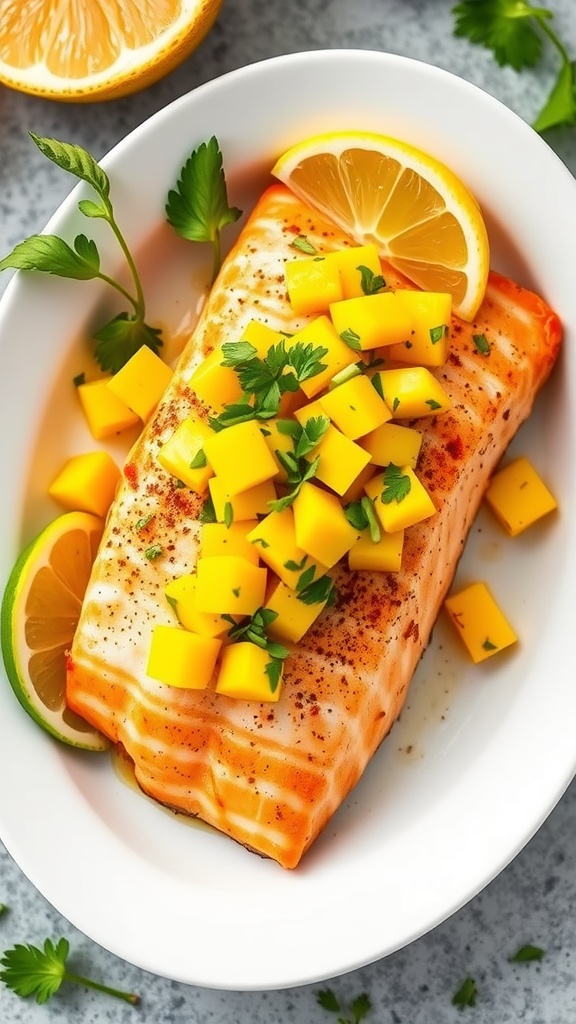 Baked salmon with mango salsa and lemon slices on a plate.