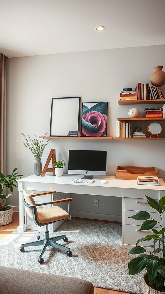 Modern home office interior with a white desk, ergonomic chair, and plants.