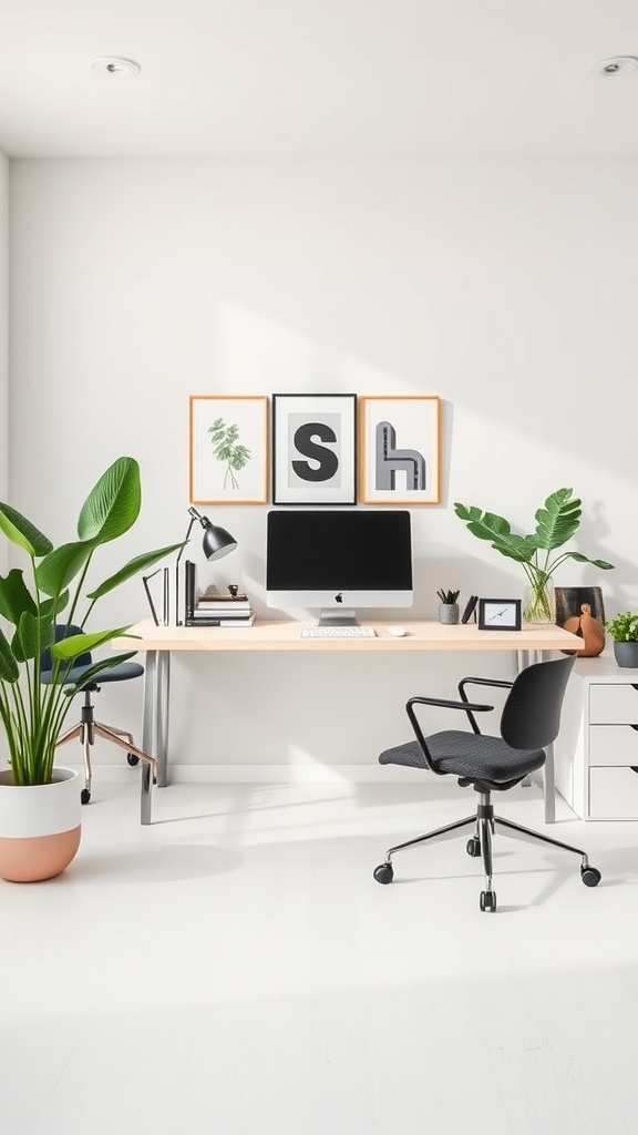 A modern minimalist home office with a desk, computer, plants, and artwork on the wall.