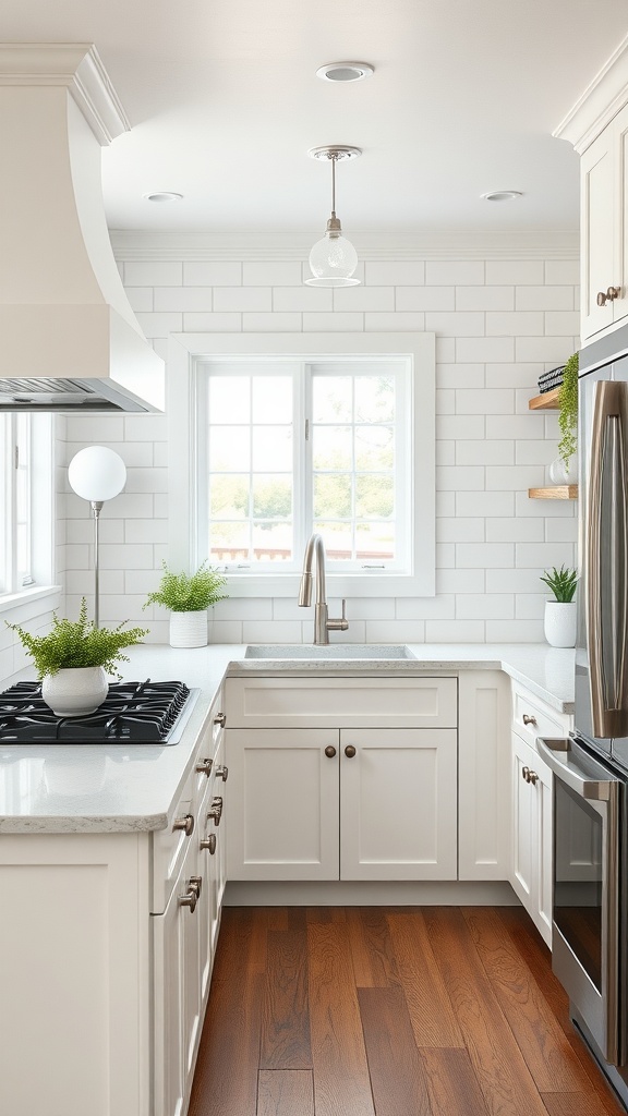 A bright and airy white farmhouse kitchen featuring white cabinets, a window with natural light, and warm wooden flooring.
