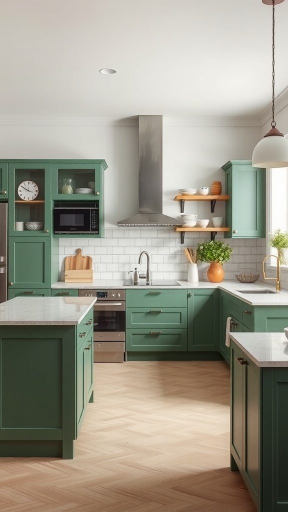 A kitchen featuring green cabinets, white subway tiles, and light wood flooring.