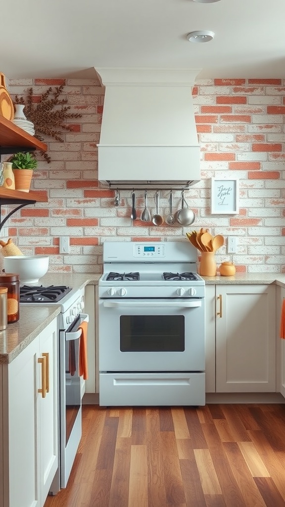 A cozy farmhouse kitchen with a brick backsplash and modern appliances.