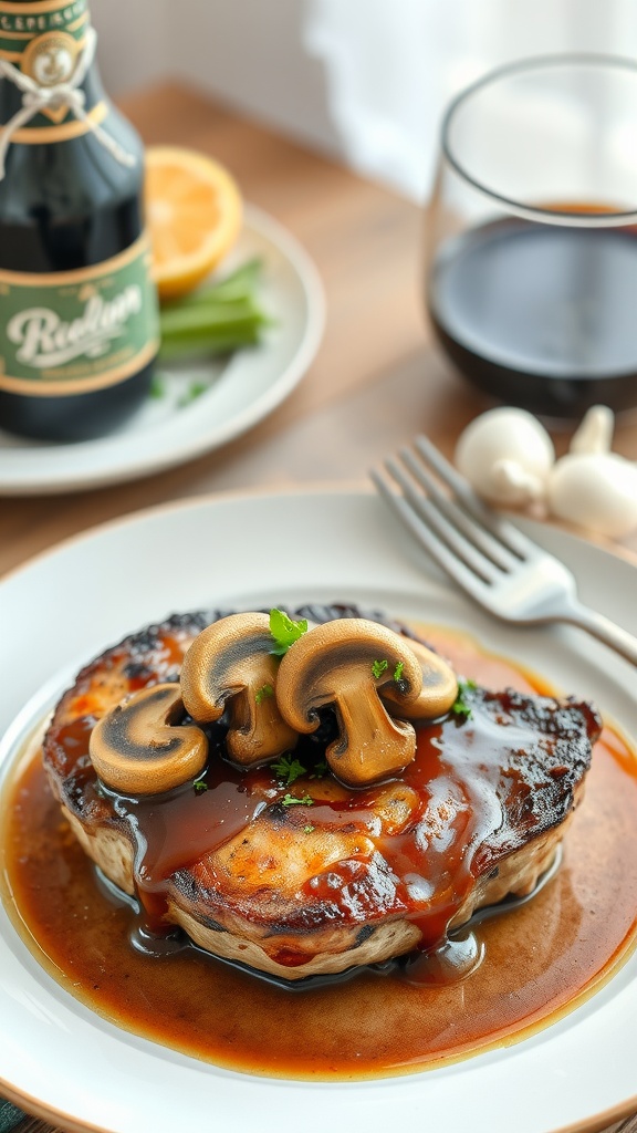 Balsamic glazed boneless pork chops with mushrooms on a plate.