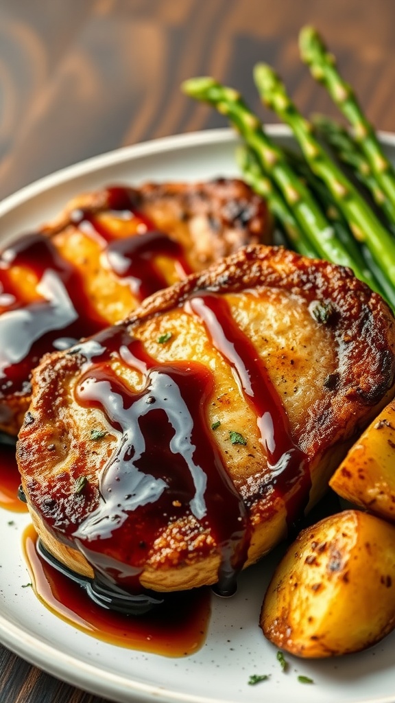 Balsamic glazed pork chops served with asparagus and roasted potatoes