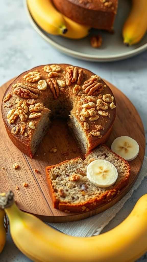 Sliced banana nut coffee cake on a wooden board with bananas in the background