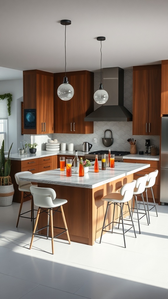 Stylish kitchen island with bar stools and colorful drinks on the counter
