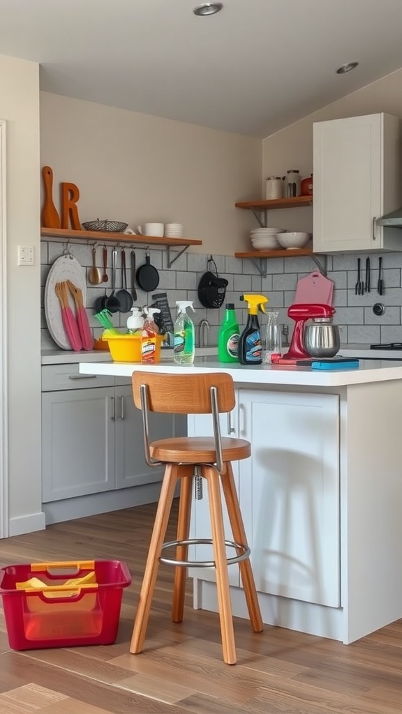 A kitchen with a bar stool, cleaning supplies, and a cozy atmosphere.