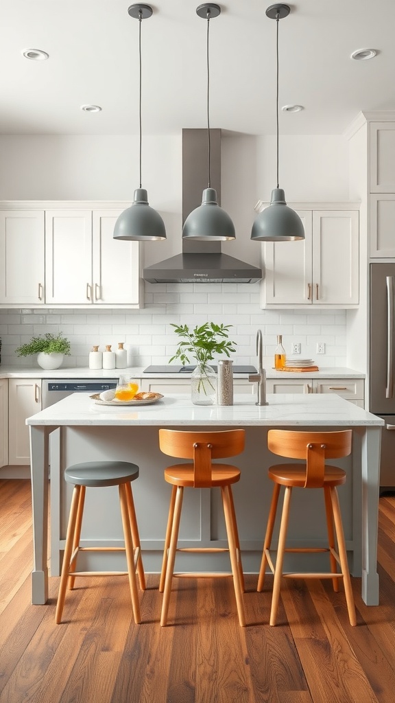 A modern kitchen island with stylish bar stools, some with backrests and one backless.