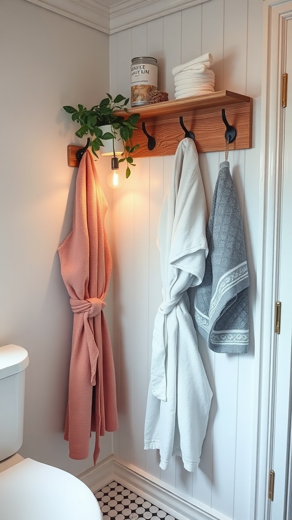 A bathroom featuring a wooden shelf with towels and bathrobes hanging from hooks, illuminated by a warm light.