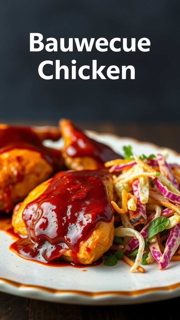 BBQ chicken thighs with coleslaw on a plate