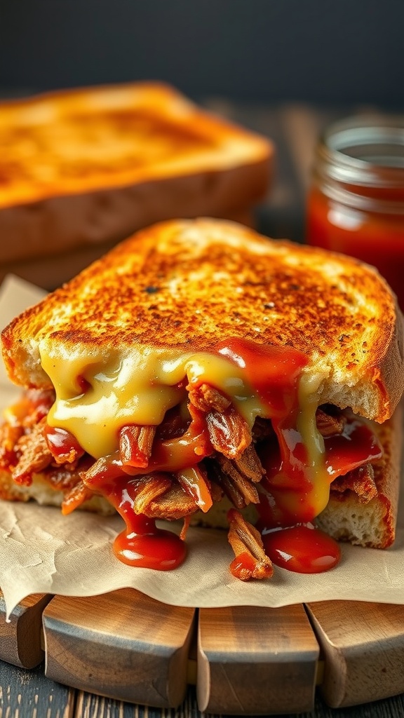 A delicious BBQ pulled pork grilled cheese sandwich, oozing with melted cheese.