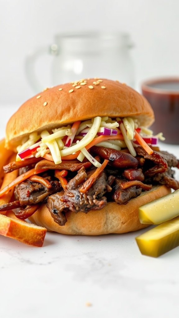 A delicious BBQ steak sandwich topped with coleslaw, served with pickles on the side.