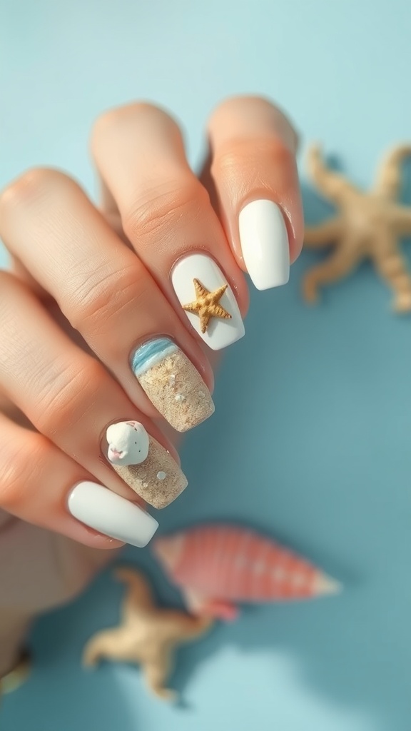 A close-up of beach-themed nail designs featuring sandy textures, seashells, and a starfish against a blue background.