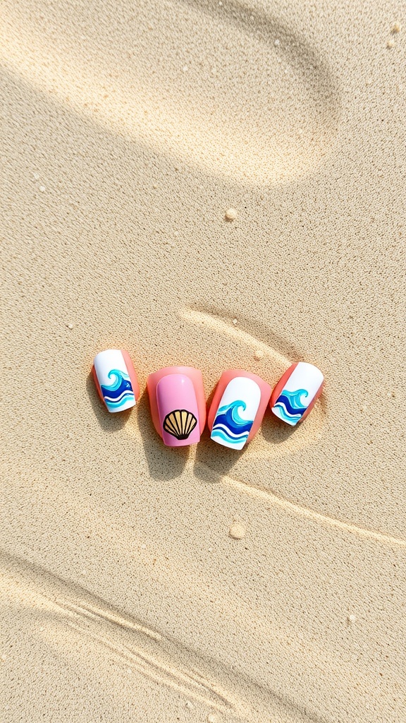 Colorful beach-themed nail art design with waves and a shell on sandy background.