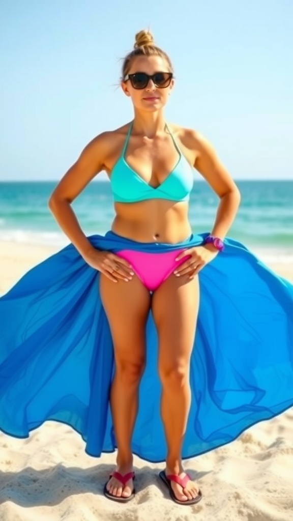 Woman in a blue maxi skirt and bikini at the beach