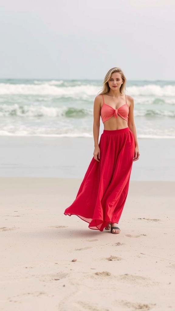 A woman in a coral crop top and a red maxi skirt walking along the beach.