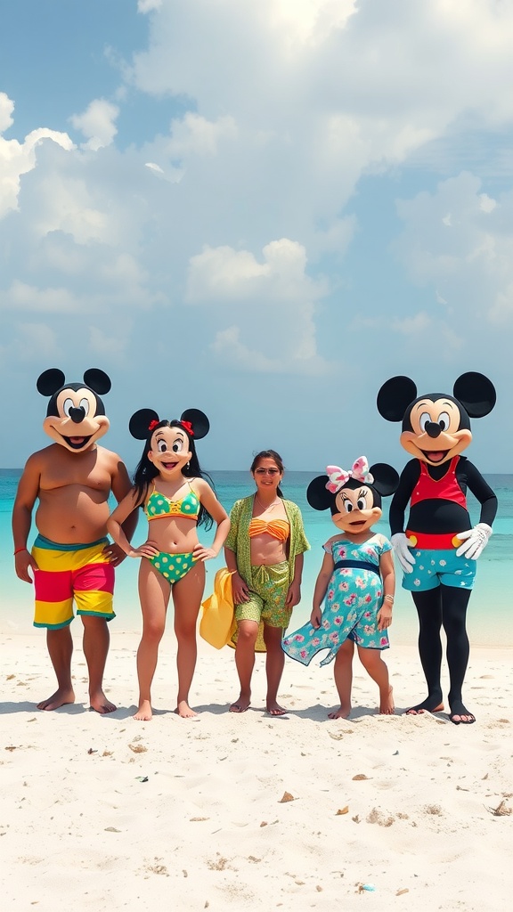 Group of people in Disney-themed beachwear at the beach