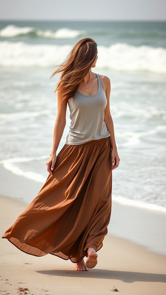 A woman walking along the beach in a brown maxi skirt and light tank top, with waves in the background.