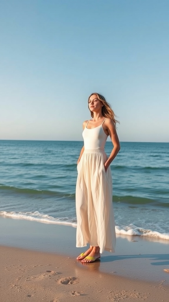 A woman in a lightweight long skirt and tank top standing by the ocean, enjoying a sunny beach day.