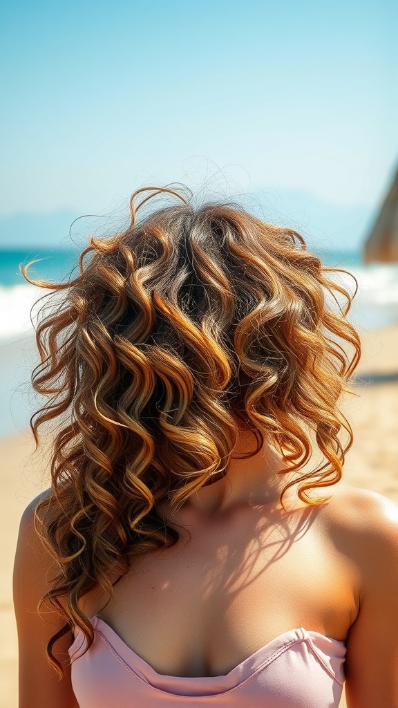 A woman with beachy curly hairstyle, standing on the beach with the ocean in the background.