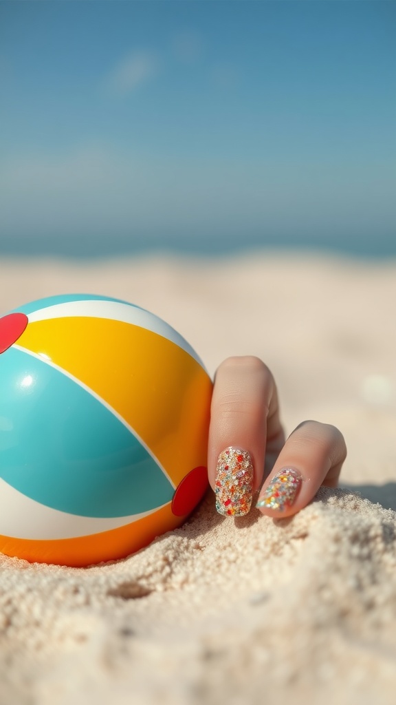 A hand with glittery nails resting on sand next to a colorful beach ball.