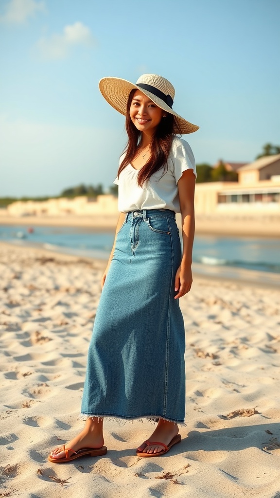 A woman wearing a long denim skirt, white top, and a wide-brimmed hat standing on the beach.