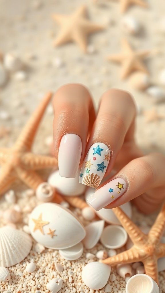 Almond-shaped summer nails with beach-themed designs, featuring starfish and seashells.