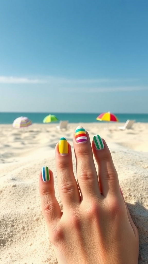 A hand with beachy striped almond nails against a sandy beach background with colorful umbrellas.