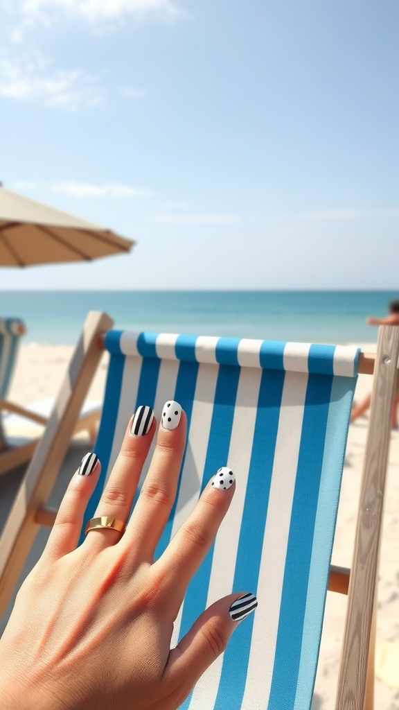 Close-up of a hand with black and white striped and polka dot nails, resting on a beach chair with a blue and white striped pattern.