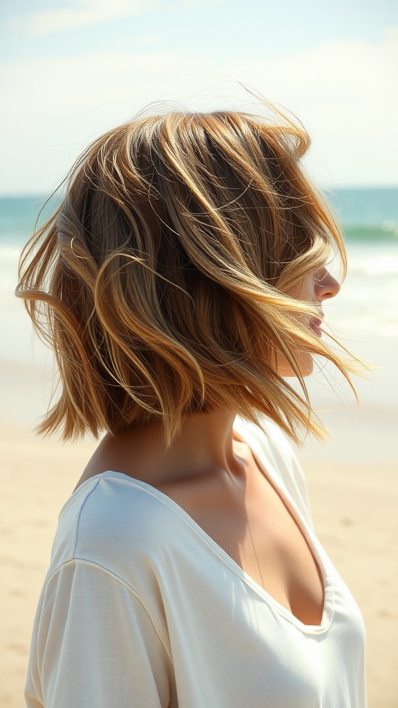 A woman with a sun-kissed bob hairstyle, with beach waves, standing on the beach, enjoying the ocean breeze.