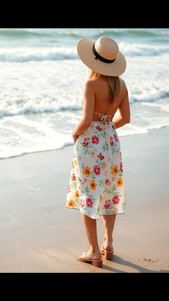 A woman wearing a floral skirt and a straw hat, standing on the beach with ocean waves in the background.