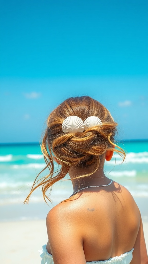 A woman with beachy waves styled in a half updo, featuring shell clips, standing in front of a beautiful beach.